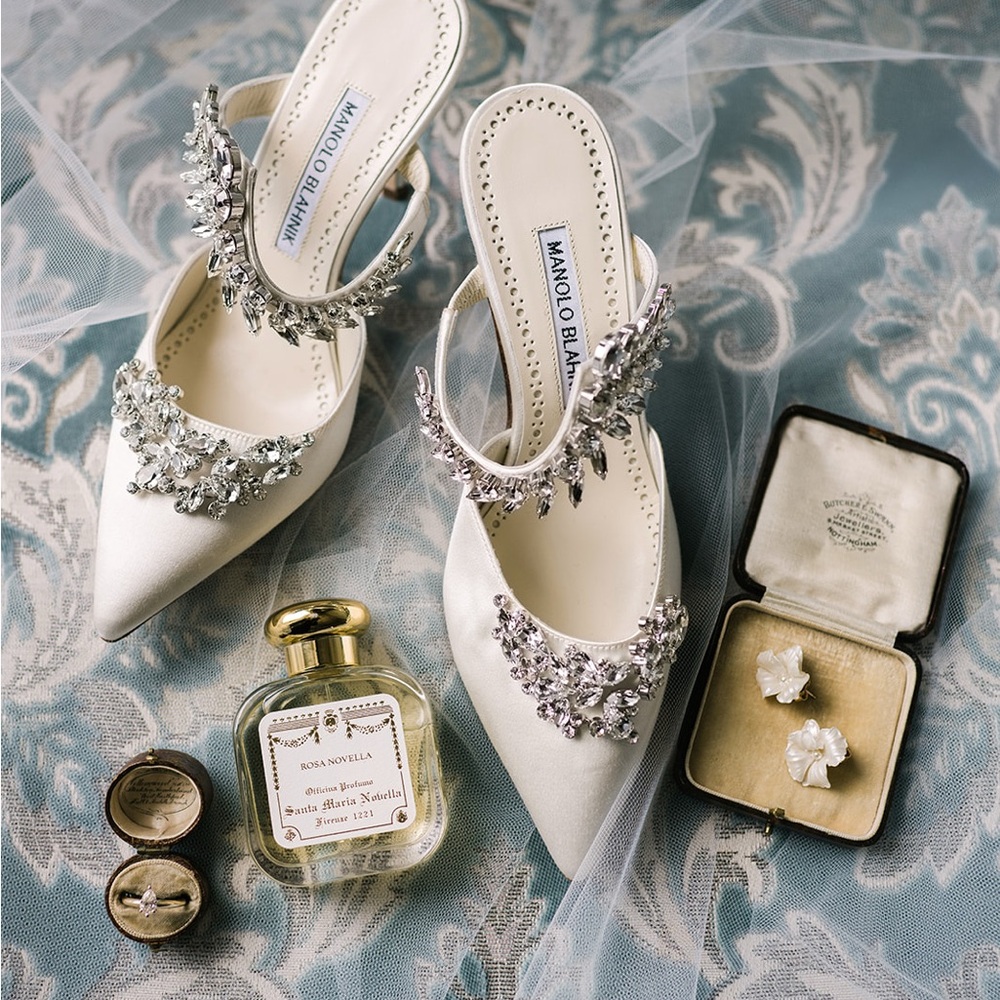 Manolo Blahnik Lurum White Satin Crystal Embellished Heels- Deisgner bridal mule